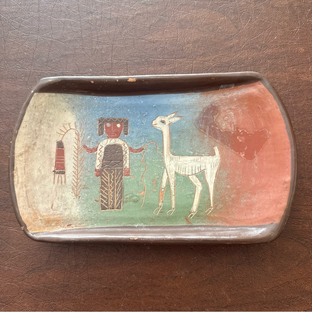 VTG Native American Pottery Tray/bowl Hand Painted Petroglyph Like Style; 8.25”